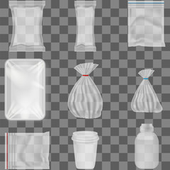 A set of realistic plastic packaging on a transparent background. Plastic bags, cups and jars