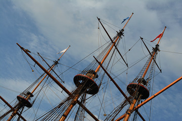 Three wooden masts copy of the historic ship 