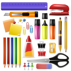 Office supply vector stationery school tools icons and accessories of education assortment pencil marker pen illustration set isolated on white background