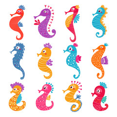 Seahorse vector seafish character or cartoon sea-horse undersea in tropical wildlife illustration set of exotic sea horse in aquarium or ocean isolated on white background