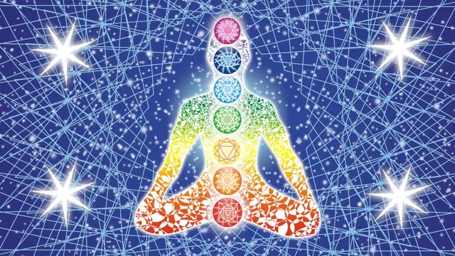 Silhouette of yoga in the lotus position against the background of a rolling mandala and the starry sky. In the background, the sun-aura flashes in time with the breath. 7 chakras with symbols. Video.