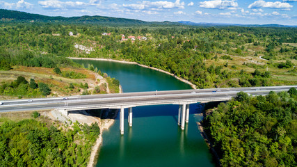 Obraz premium Aerial view of motorway bridge over river Dobra in Karlovac county, Croatia