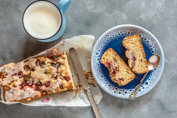 Cake with fresh rhubarb and a cup of kefir.