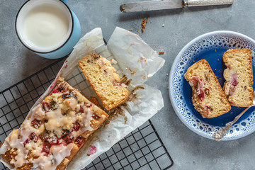 Cake with fresh rhubarb and a cup of kefir.