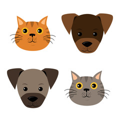 A vector set of dog, cat faces in flat style.