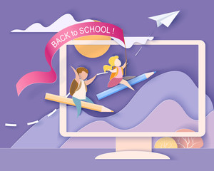 Back to school 1 september card. Monitor screen with mountains, trees, waterfall and children flying on pencil. Paper cut style. Vector illustration