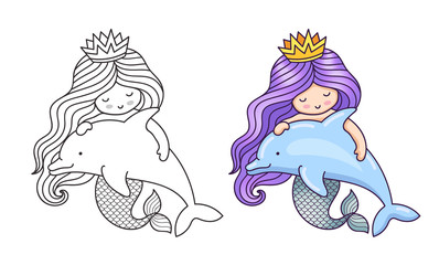 Lovely dreamy mermaid with purple gradient hair, floating with dolphin. Cartoon characters. Vector illustration for coloring book, print, card, postcard, poster, t-shirt, tattoo.