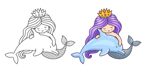 Lovely dreamy mermaid with purple gradient hair, floating with dolphin. Cartoon characters. Vector illustration for coloring book, print, card, postcard, poster, t-shirt, tattoo.