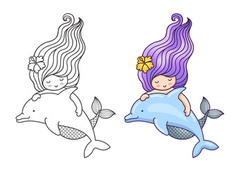 Mermaid, floating with dolphin. Friendship. Cute cartoon character. Vector illustration for coloring book, print, card, postcard, poster, t-shirt and tattoo