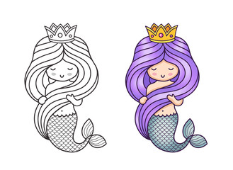 Gorgeous princess mermaid. Cute cartoon character. Vector illustration for coloring book, print, card, postcard, poster, t-shirt and tattoo