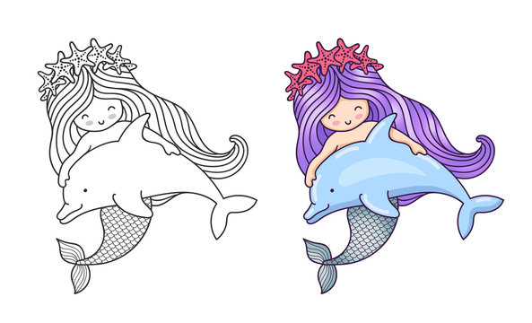 Mermaid, floating with dolphin. Friendship. Cute cartoon character. Vector illustration for coloring book, print, card, postcard, poster, t-shirt and tattoo