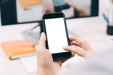 Man hands holding touching mobile smartphone isolated white screen for mockup design