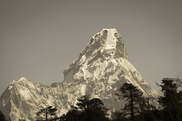 Mt. Ama Dablam in the Everest Region of the Himalayas, Nepal. Vintage colors