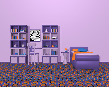 Jugendzimmer in violetten Farbtönen. Mit Schrankwand und Einzelbett aus Vorderansicht.  3d render