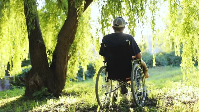 rear view of handicapped adult man sitting on wheel chair having a rest outside alone lifestyle enjoying beautiful summer sunshine relax resting sunny day outdoors green nature forest young invalid
