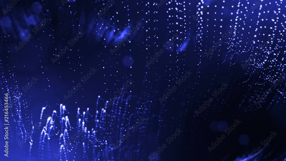 Poster 3d blue background with fantastic luminous particles. looped 3d animation with depth of field, light