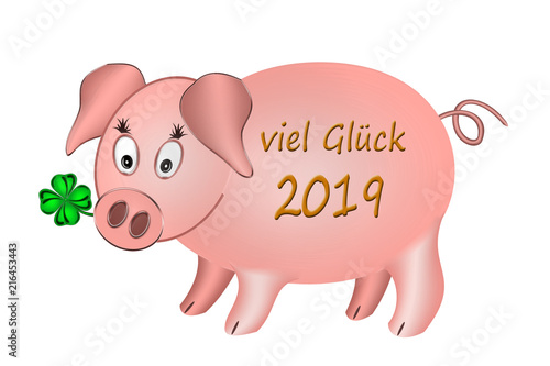 "Viel Glück 2019, Glücksschwein mit Kleeblatt, weißer Hintergrund
