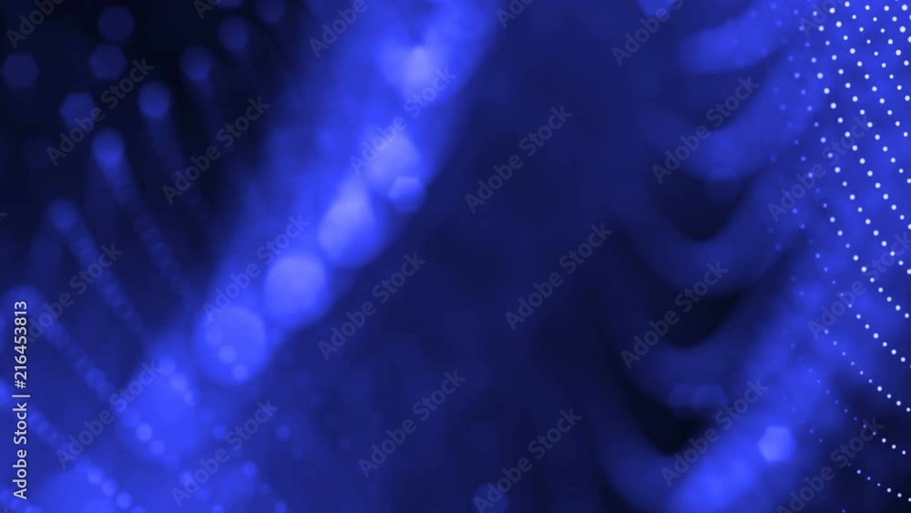 Poster 3d blue background with fantastic luminous particles. looped 3d animation with depth of field, light