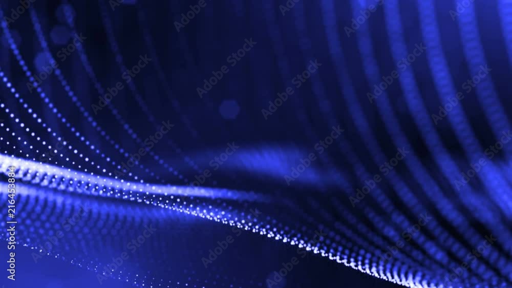Poster 3d blue background with fantastic luminous particles. looped 3d animation with depth of field, light