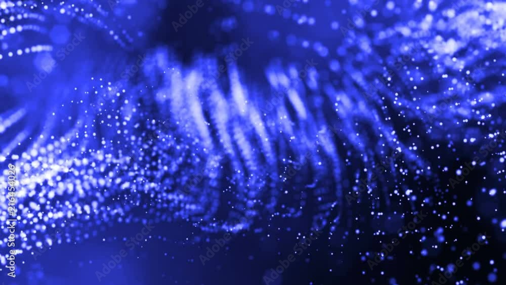 Poster 3d blue background with fantastic luminous particles. looped 3d animation with depth of field, light