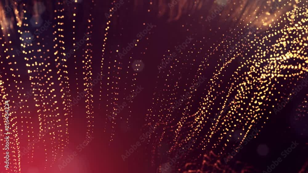 Poster 3d golden red background with fantastic luminous particles. looped 3d animation with depth of field,