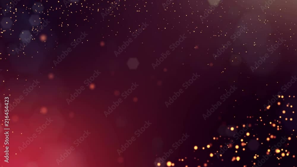 Poster 3d golden red background with fantastic luminous particles. looped 3d animation with depth of field,