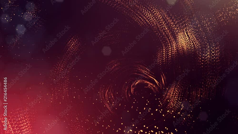 Poster 3d golden red background with fantastic luminous particles. looped 3d animation with depth of field,