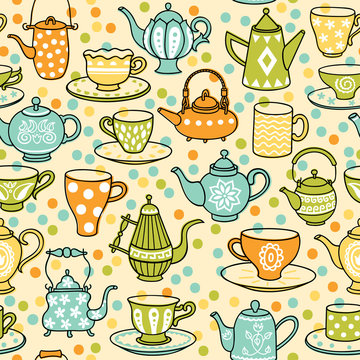 tea_pattern2/Vector kettle and cup. Set of hand drawn. Seamless pattern.