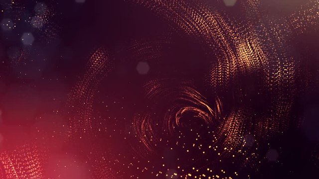 3d golden red background with fantastic luminous particles. Looped 3d animation with depth of field, light effects. Modern digital background. point field 7