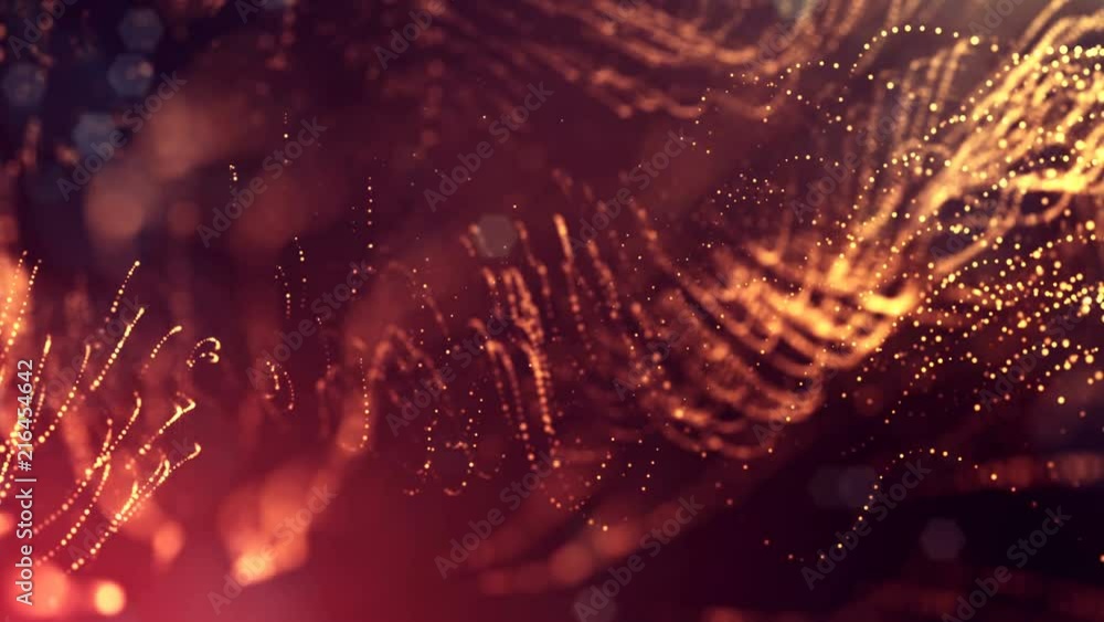 Poster 3d golden red background with fantastic luminous particles. looped 3d animation with depth of field,