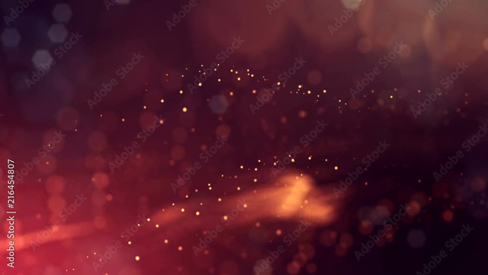 Poster 3d golden red background with fantastic luminous particles. looped 3d animation with depth of field,