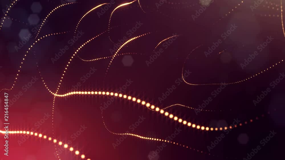 Poster 3d golden red background with fantastic luminous particles. looped 3d animation with depth of field,