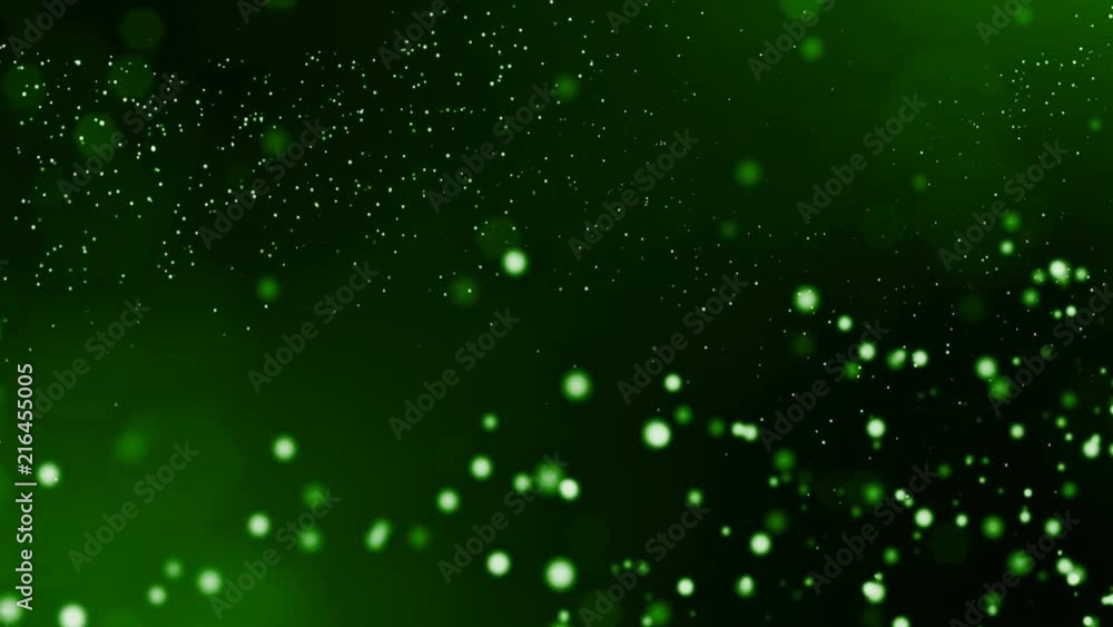 Poster 3d green background with fantastic luminous particles. looped 3d animation with depth of field, ligh