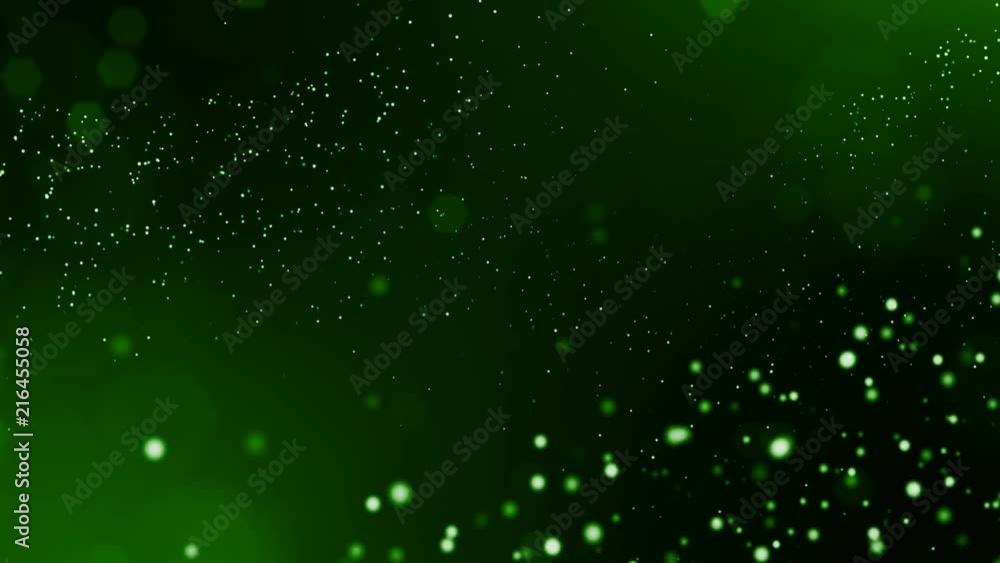 Poster 3d green background with fantastic luminous particles. looped 3d animation with depth of field, ligh