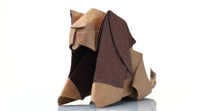 Origami lion close up. White isolated background.