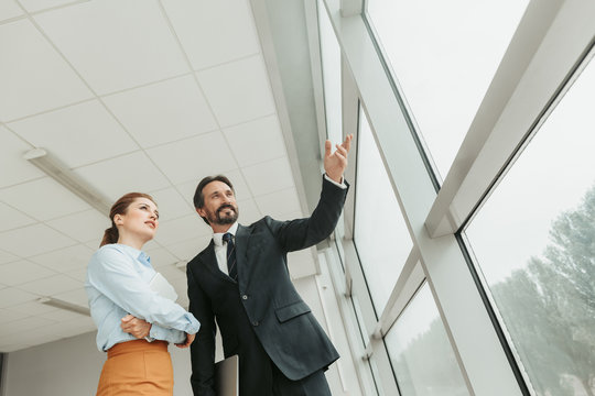 Low angle portrait of happy lady talking with outgoing male employer. He gesticulating hand