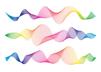  Wave of the many colored lines. Abstract wavy stripes on a white background isolated. Creative line art. Design elements created using the Blend Tool. 