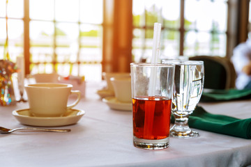 catering table set service with dish silverware and stemware glass restaurant before party