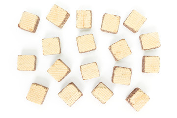wafer chocolate pile dessert top view on white background