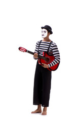 Mime playing guitar isolated on white