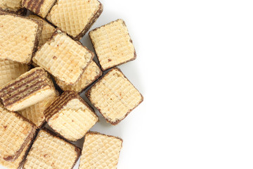 wafer chocolate pile dessert top view on white background