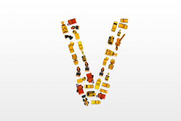 English letters formed by arrangement of Car toy diecast on the white background , Top view
