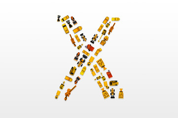 English letters formed by arrangement of Car toy diecast on the white background , Top view