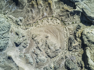 An aerial view of Atacama Desert at the coastal area at Chorrillos beach (Bahia Inglesa) an amazing landscape for geology with incredible sand formations and folds in the Earth, Copiapo, Chile