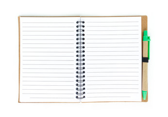 notebook and pen on white background.