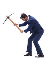 Young businessman with axe isolated on white background 