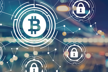 Bitcoin security theme with blurred city abstract lights background