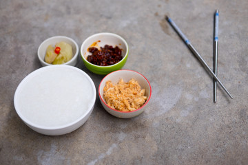 Delicious rice gruel in white bowl. Thai food for healthy