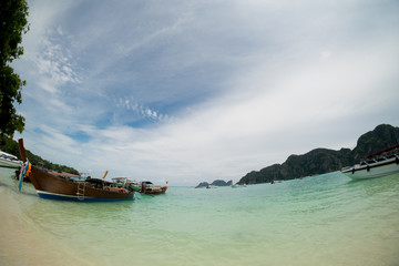 Longtail boats anchored at Phi Phi Don Island Krabi Province Thailand