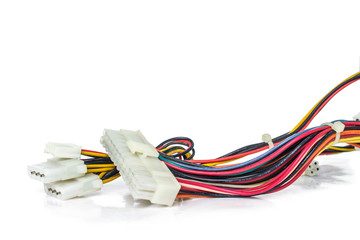 closeup of a computer power supply cable on a white background